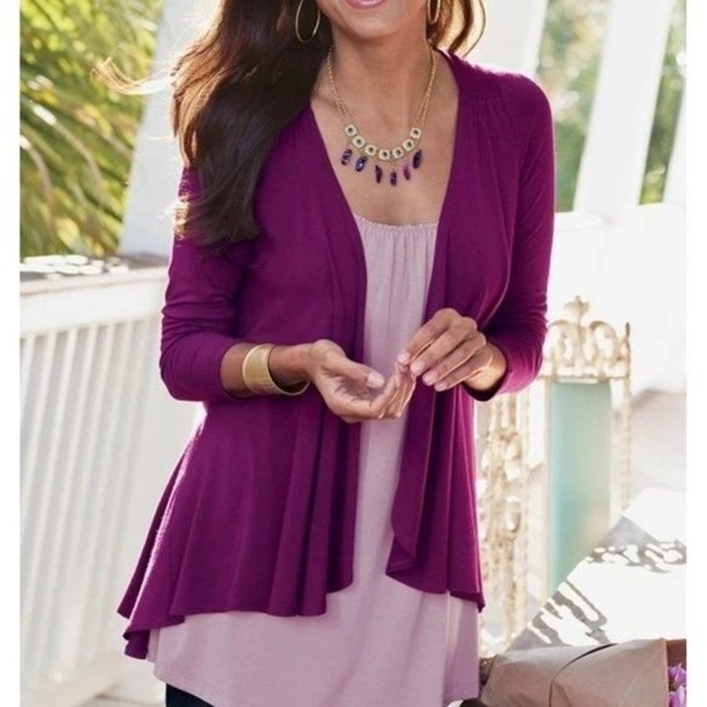 Soft Surroundings Cardigan Womens Medium‎ Purple Open Front Gathered Drape Flowy